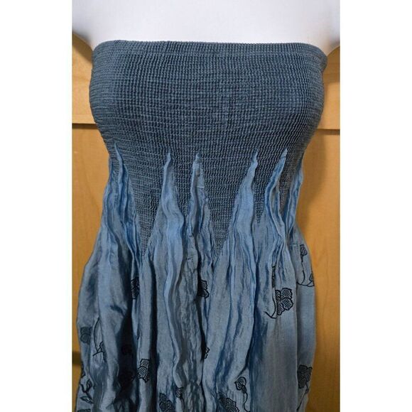 Strapless Blue Floral Embroidered Summer Dress With Smocked Bodice & Ruffled Ski - Picture 3 of 10